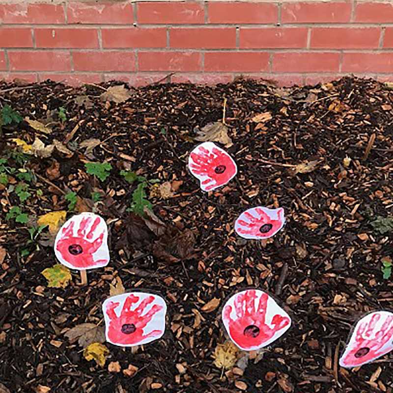 Painted hand prints on soil