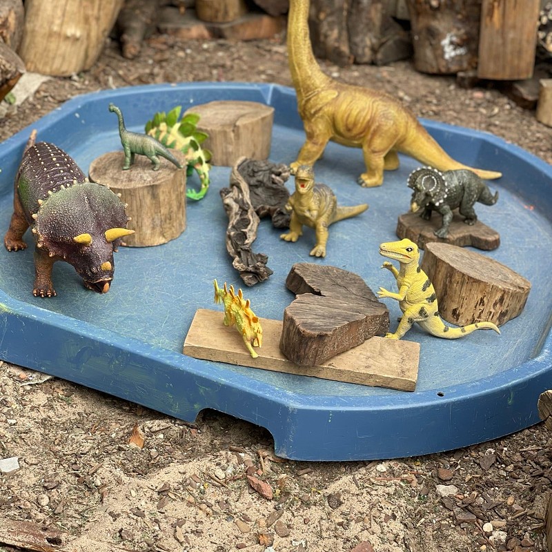 Dinosour toys on a play tray